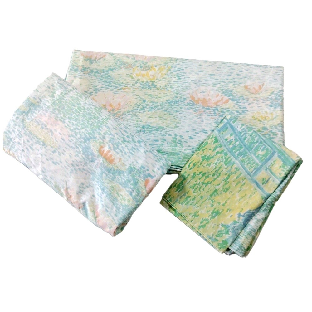 Vintage Springmaid WaterLily Twin Sheet Set Monet MoMA 1980s Bedding 3 Pc. Set